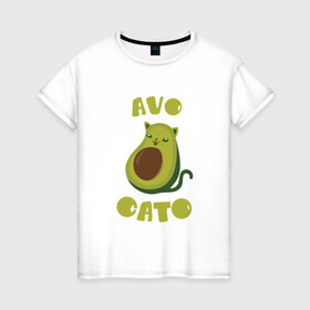 Женская футболка хлопок с принтом AvoCato в Тюмени, 100% хлопок | прямой крой, круглый вырез горловины, длина до линии бедер, слегка спущенное плечо | авокадо | авокадо кот | кот | кот авокадо | котейка | котик | кошечка