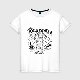 Женская футболка хлопок с принтом Камчатка в Тюмени, 100% хлопок | прямой крой, круглый вырез горловины, длина до линии бедер, слегка спущенное плечо | камчатка | медведь | природа | путешествие | путешествие по россии
