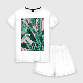 Женская пижама с шортиками хлопок с принтом Nature в Тюмени, 100% хлопок | футболка прямого кроя, шорты свободные с широкой мягкой резинкой | nature | джунгли | единение с природой | натуре | острова | отдых | отпуск | природа | растения | тропики | эко