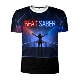 Мужская футболка 3D спортивная с принтом Beat Saber в Тюмени, 100% полиэстер с улучшенными характеристиками | приталенный силуэт, круглая горловина, широкие плечи, сужается к линии бедра | 3d | 3д | beat | saber | виртуальная | игра | реальность | ритм