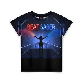 Детская футболка 3D с принтом Beat Saber в Тюмени, 100% гипоаллергенный полиэфир | прямой крой, круглый вырез горловины, длина до линии бедер, чуть спущенное плечо, ткань немного тянется | 3d | 3д | beat | saber | виртуальная | игра | реальность | ритм