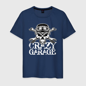 Мужская футболка хлопок с принтом Crazy garage в Тюмени, 100% хлопок | прямой крой, круглый вырез горловины, длина до линии бедер, слегка спущенное плечо. | bones | garage | helmet | orbits | skull | teeth | wrench | гаечный ключ | гараж | глазницы | зубы | череп | шлем