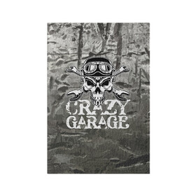 Обложка для паспорта матовая кожа с принтом Crazy garage в Тюмени, натуральная матовая кожа | размер 19,3 х 13,7 см; прозрачные пластиковые крепления | Тематика изображения на принте: bones | garage | helmet | metal | orbits | skull | teeth | wrench | гаечный ключ | гараж | глазницы | зубы | металл | череп | шлем