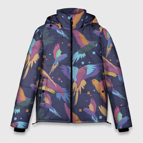 Мужская зимняя куртка 3D с принтом Райские попугаи в Тюмени, верх — 100% полиэстер; подкладка — 100% полиэстер; утеплитель — 100% полиэстер | длина ниже бедра, свободный силуэт Оверсайз. Есть воротник-стойка, отстегивающийся капюшон и ветрозащитная планка. 

Боковые карманы с листочкой на кнопках и внутренний карман на молнии. | Тематика изображения на принте: животное | животные | красочный принт | попугаи | попугай | природа | птица | птицы