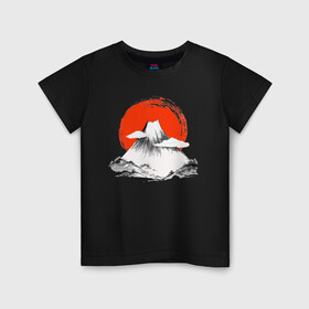 Детская футболка хлопок с принтом Гора Фудзияма в Тюмени, 100% хлопок | круглый вырез горловины, полуприлегающий силуэт, длина до линии бедер | japan | japanese | акварель | восходящие солнце | гора | закат | искуство | красками | краски | красное | на груди | облака | облако | пейзаж | склон | солнце | солнышко | спереди | туристическая | фудзияма
