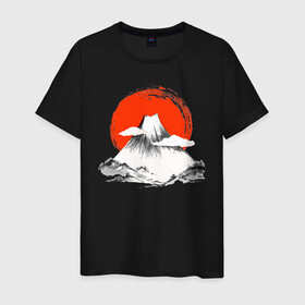 Мужская футболка хлопок с принтом Гора Фудзияма в Тюмени, 100% хлопок | прямой крой, круглый вырез горловины, длина до линии бедер, слегка спущенное плечо. | japan | japanese | акварель | восходящие солнце | гора | закат | искуство | красками | краски | красное | на груди | облака | облако | пейзаж | склон | солнце | солнышко | спереди | туристическая | фудзияма