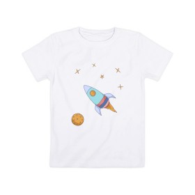 Детская футболка хлопок с принтом Космическое путешествие в Тюмени, 100% хлопок | круглый вырез горловины, полуприлегающий силуэт, длина до линии бедер | Тематика изображения на принте: 