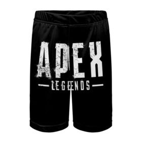 Детские спортивные шорты 3D с принтом Apex Legends в Тюмени,  100% полиэстер
 | пояс оформлен широкой мягкой резинкой, ткань тянется
 | Тематика изображения на принте: apex | game | legends | titanfall | апекс | апекс легендс | игра | легендс | шутер