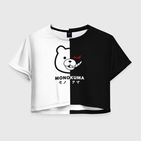 Женская футболка Crop-top 3D с принтом _Monokuma_ в Тюмени, 100% полиэстер | круглая горловина, длина футболки до линии талии, рукава с отворотами | Тематика изображения на принте: anime | character | dangan ronpa | kawai | manga | аниме | анимэ | глаз | данганронпа | двухцветная | директор | злодей | из | изображение | кавай | крутой | лицо | манга | медведь | милый | мишка | на груди | необычный | нос