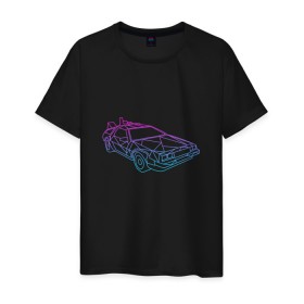 Мужская футболка хлопок с принтом DeLorean gradient в Тюмени, 100% хлопок | прямой крой, круглый вырез горловины, длина до линии бедер, слегка спущенное плечо. | Тематика изображения на принте: автомобиль | арт | градиент | машина | неон | силуэт | тачка | фильм | цвета