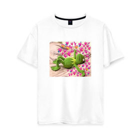 Женская футболка хлопок Oversize с принтом Кермит и сердечки в Тюмени, 100% хлопок | свободный крой, круглый ворот, спущенный рукав, длина до линии бедер
 | интернет мем | кермит | любовь | мем | персонаж | прикол | сердечки | сердца | улица сезам