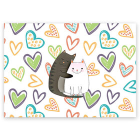 Поздравительная открытка с принтом Сладкая парочка в Тюмени, 100% бумага | плотность бумаги 280 г/м2, матовая, на обратной стороне линовка и место для марки
 | 14 февраля | 8 марта | валентинов день | верность | влюбленность | влюбленные | вместе навсегда | двое | девичник | девушке | кот | коты | кошка | кошки | любимая | любимый | люблю | люблю тебя | мы с то