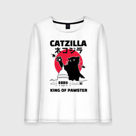 Женский лонгслив хлопок с принтом Catzilla King of Pawster в Тюмени, 100% хлопок |  | cat | catzilla | kitty | paw | pawster | годзилла | кот | котики | коты | кошки | пародия