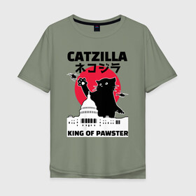 Мужская футболка хлопок Oversize с принтом Catzilla King of Pawster в Тюмени, 100% хлопок | свободный крой, круглый ворот, “спинка” длиннее передней части | cat | catzilla | kitty | paw | pawster | годзилла | кот | котики | коты | кошки | пародия