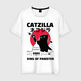 Мужская футболка хлопок с принтом Catzilla King of Pawster в Тюмени, 100% хлопок | прямой крой, круглый вырез горловины, длина до линии бедер, слегка спущенное плечо. | cat | catzilla | kitty | paw | pawster | годзилла | кот | котики | коты | кошки | пародия