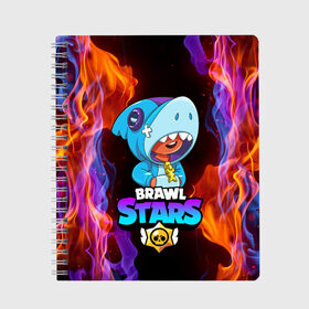 Тетрадь с принтом BRAWL STARS LEON SHARK в Тюмени, 100% бумага | 48 листов, плотность листов — 60 г/м2, плотность картонной обложки — 250 г/м2. Листы скреплены сбоку удобной пружинной спиралью. Уголки страниц и обложки скругленные. Цвет линий — светло-серый
 | bibi | brawl stars | crow | el brown | leon | leon shark | max | sally leon | shark | stars | акула | биби | ворон | леон