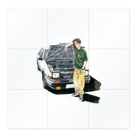 Магнитный плакат 3Х3 с принтом Initial D Takumi & Toyota AE 86 в Тюмени, Полимерный материал с магнитным слоем | 9 деталей размером 9*9 см | Тематика изображения на принте: ae 86 | anime | car | fujiwara | initial d | japan | jdm | levin | stance | takumi | toyota | trueno | автомобили | аниме | гонки | инициал д | такуми