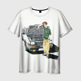 Мужская футболка 3D с принтом Initial D Takumi & Toyota AE 86 в Тюмени, 100% полиэфир | прямой крой, круглый вырез горловины, длина до линии бедер | ae 86 | anime | car | fujiwara | initial d | japan | jdm | levin | stance | takumi | toyota | trueno | автомобили | аниме | гонки | инициал д | такуми