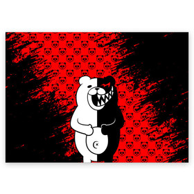 Поздравительная открытка с принтом MONOKUMA. в Тюмени, 100% бумага | плотность бумаги 280 г/м2, матовая, на обратной стороне линовка и место для марки
 | anime | bear | black  white | danganronpa | kurokuma | monodam | monokuma | monomi | monotaro | pink | rabbit | school | shirokuma | аниме | главарь | мoноми | монокума | черно белый | школа