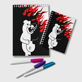 Блокнот с принтом MONOKUMA в Тюмени, 100% бумага | 48 листов, плотность листов — 60 г/м2, плотность картонной обложки — 250 г/м2. Листы скреплены удобной пружинной спиралью. Цвет линий — светло-серый
 | anime | bear | black  white | danganronpa | kurokuma | monodam | monokuma | monomi | monotaro | pink | rabbit | school | shirokuma | аниме | главарь | мoноми | монокума | черно белый | школа