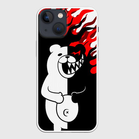 Чехол для iPhone 13 mini с принтом Монокума красные языки пламени в Тюмени,  |  | anime | bear | black  white | danganronpa | kurokuma | monodam | monokuma | monomi | monotaro | pink | rabbit | school | shirokuma | аниме | главарь | мoноми | монокума | черно белый | школа