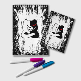 Блокнот с принтом MONOKUMA в Тюмени, 100% бумага | 48 листов, плотность листов — 60 г/м2, плотность картонной обложки — 250 г/м2. Листы скреплены удобной пружинной спиралью. Цвет линий — светло-серый
 | anime | bear | black  white | danganronpa | kurokuma | monodam | monokuma | monomi | monotaro | pink | rabbit | school | shirokuma | аниме | главарь | мoноми | монокума | черно белый | школа