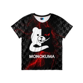 Детская футболка 3D с принтом MONOKUMA. в Тюмени, 100% гипоаллергенный полиэфир | прямой крой, круглый вырез горловины, длина до линии бедер, чуть спущенное плечо, ткань немного тянется | anime | bear | black  white | danganronpa | kurokuma | monodam | monokuma | monomi | monotaro | pink | rabbit | school | shirokuma | аниме | главарь | мoноми | монокума | черно белый | школа
