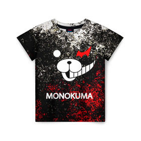 Детская футболка 3D с принтом MONOKUMA. в Тюмени, 100% гипоаллергенный полиэфир | прямой крой, круглый вырез горловины, длина до линии бедер, чуть спущенное плечо, ткань немного тянется | anime | bear | black  white | danganronpa | kurokuma | monodam | monokuma | monomi | monotaro | pink | rabbit | school | shirokuma | аниме | главарь | мoноми | монокума | черно белый | школа