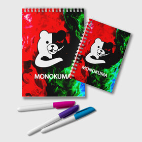 Блокнот с принтом MONOKUMA в Тюмени, 100% бумага | 48 листов, плотность листов — 60 г/м2, плотность картонной обложки — 250 г/м2. Листы скреплены удобной пружинной спиралью. Цвет линий — светло-серый
 | anime | bear | black  white | danganronpa | kurokuma | monodam | monokuma | monomi | monotaro | pink | rabbit | school | shirokuma | аниме | главарь | мoноми | монокума | черно белый | школа