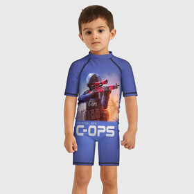Детский купальный костюм 3D с принтом Critical Ops в Тюмени, Полиэстер 85%, Спандекс 15% | застежка на молнии на спине | c ops | critical | ops | игра | шутер