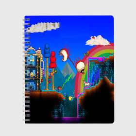 Тетрадь с принтом TERRARIA GAME в Тюмени, 100% бумага | 48 листов, плотность листов — 60 г/м2, плотность картонной обложки — 250 г/м2. Листы скреплены сбоку удобной пружинной спиралью. Уголки страниц и обложки скругленные. Цвет линий — светло-серый
 | Тематика изображения на принте: game | pixel | terraria | игра | пиксель | террариа