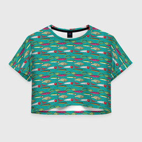 Женская футболка Crop-top 3D с принтом рыбацкие блесна в Тюмени, 100% полиэстер | круглая горловина, длина футболки до линии талии, рукава с отворотами | fish | fishing | texture | абстракция | блестна | наживка | прикорм | рыба | рыбак | рыбалка | рыболов | текстура