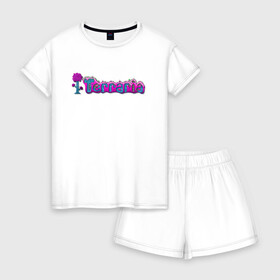 Женская пижама с шортиками хлопок с принтом Terraria в Тюмени, 100% хлопок | футболка прямого кроя, шорты свободные с широкой мягкой резинкой | game | logo | teraria | terraria | игра | инди игра | логотип | надпись | терария | террария