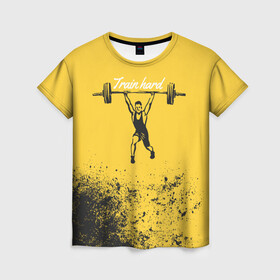 Женская футболка 3D с принтом Train hard в Тюмени, 100% полиэфир ( синтетическое хлопкоподобное полотно) | прямой крой, круглый вырез горловины, длина до линии бедер | lifting | wheight lifting | wheightlifting | тяжелая атлетика | штанга | штангист