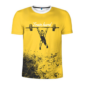 Мужская футболка 3D спортивная с принтом Train hard в Тюмени, 100% полиэстер с улучшенными характеристиками | приталенный силуэт, круглая горловина, широкие плечи, сужается к линии бедра | lifting | wheight lifting | wheightlifting | тяжелая атлетика | штанга | штангист