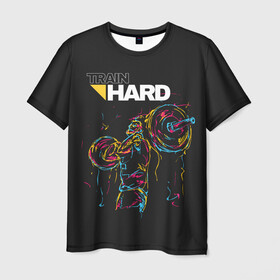 Мужская футболка 3D с принтом Train hard в Тюмени, 100% полиэфир | прямой крой, круглый вырез горловины, длина до линии бедер | lifting | wheight lifting | wheightlifting | тяжелая атлетика | штанга | штангист