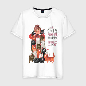 Мужская футболка хлопок с принтом Кошки делают меня счастливее в Тюмени, 100% хлопок | прямой крой, круглый вырез горловины, длина до линии бедер, слегка спущенное плечо. | like | вип | девушке | дочке | другу | жене | котики | коты | котэ | котяра | кошки | лайк | любимому | маме | мужу | надпись | надпись на английском | папе | парню | приколы | сыну | текст | топ