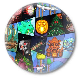 Значок с принтом Terraria allpic в Тюмени,  металл | круглая форма, металлическая застежка в виде булавки | game | pixel | terraria | игра | пиксель | террариа