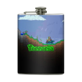 Фляга с принтом terraria game в Тюмени, металлический корпус | емкость 0,22 л, размер 125 х 94 мм. Виниловая наклейка запечатывается полностью | Тематика изображения на принте: game | pixel | terraria | игра | пиксель | террариа