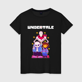 Женская футболка хлопок с принтом UNDERTALE в Тюмени, 100% хлопок | прямой крой, круглый вырез горловины, длина до линии бедер, слегка спущенное плечо | asriel dreemurr | chara | frisk | gaster blaster | sans | undertale | азриэль дримурр | андертейл | андрайн | гастер | меттатон | санс | фриск | чара