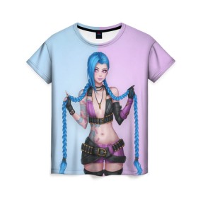 Женская футболка 3D с принтом League of Legends Jinx в Тюмени, 100% полиэфир ( синтетическое хлопкоподобное полотно) | прямой крой, круглый вырез горловины, длина до линии бедер | art | braids | cartridges | character | game | girl | jinx | league of legends | lol | pigtails | tattoo | арт | девушка | джинкс | игра | косички | косы | лига легенд | лол | патроны | персонаж | тату