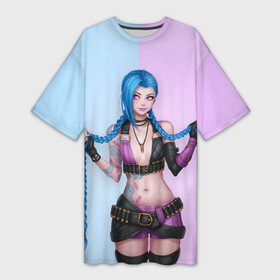 Платье-футболка 3D с принтом League of Legends Jinx в Тюмени,  |  | art | braids | cartridges | character | game | girl | jinx | league of legends | lol | pigtails | tattoo | арт | девушка | джинкс | игра | косички | косы | лига легенд | лол | патроны | персонаж | тату