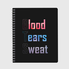 Тетрадь с принтом Blood Tears Sweat в Тюмени, 100% бумага | 48 листов, плотность листов — 60 г/м2, плотность картонной обложки — 250 г/м2. Листы скреплены сбоку удобной пружинной спиралью. Уголки страниц и обложки скругленные. Цвет линий — светло-серый
 | bangtan | bighit | boy | fake love | j hope | jimin | jin | jungkook | korea | kpop | live | luv | mic drop | rm | suga | v | with | бтс | кей | поп