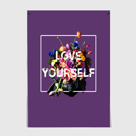 Постер с принтом Love Yourself в Тюмени, 100% бумага
 | бумага, плотность 150 мг. Матовая, но за счет высокого коэффициента гладкости имеет небольшой блеск и дает на свету блики, но в отличии от глянцевой бумаги не покрыта лаком | bangtan | bighit | boy | fake love | j hope | jimin | jin | jungkook | korea | kpop | live | luv | mic drop | rm | suga | v | with | бтс | кей | поп