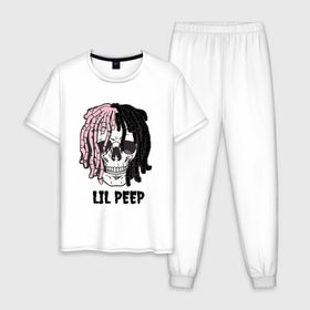 Мужская пижама хлопок с принтом Lil Peep в Тюмени, 100% хлопок | брюки и футболка прямого кроя, без карманов, на брюках мягкая резинка на поясе и по низу штанин
 | lil | lil peep | music | new | peep | rap | rip | skull | лил | музыка | пеп | пип | рэп | рэпер | скилет | череп