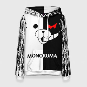 Женская толстовка 3D с принтом MONOKUMA. в Тюмени, 100% полиэстер  | двухслойный капюшон со шнурком для регулировки, мягкие манжеты на рукавах и по низу толстовки, спереди карман-кенгуру с мягким внутренним слоем. | anime | bear | black  white | danganronpa | kurokuma | monodam | monokuma | monomi | monotaro | pink | rabbit | school | shirokuma | аниме | главарь | мoноми | монокума | черно белый | школа