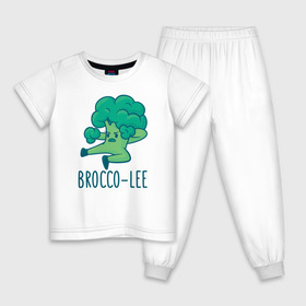 Детская пижама хлопок с принтом Brocco Lee в Тюмени, 100% хлопок |  брюки и футболка прямого кроя, без карманов, на брюках мягкая резинка на поясе и по низу штанин
 | Тематика изображения на принте: broccoli | vegan | veggie | брокко ли | брокколи | брюс ли | веган | вегетарианец