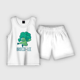 Детская пижама с шортами хлопок с принтом Brocco Lee в Тюмени,  |  | Тематика изображения на принте: broccoli | vegan | veggie | брокко ли | брокколи | брюс ли | веган | вегетарианец