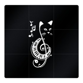 Магнитный плакат 3Х3 с принтом Музыкальный кот в Тюмени, Полимерный материал с магнитным слоем | 9 деталей размером 9*9 см | background | black | cat | mus | music | musical | white | with | белый | игроман | кот | котик | котиков | котиком | котов | кошек | кошка | меломан | музыка | музыкальный | ноты | с белым | с котом | с нотами | фон | черный