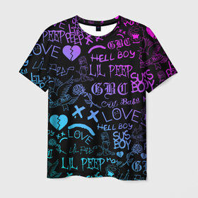 Мужская футболка 3D с принтом LIL PEEP NEON ЛИЛ ПИП НЕОН в Тюмени, 100% полиэфир | прямой крой, круглый вырез горловины, длина до линии бедер | lil peep | lil prince | pink | зарубежная музыка | лил пип | маленький принц